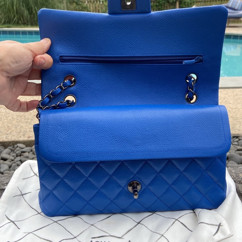 Authentic CHANEL Caviar Quilted Medium Double Flap in a stunning, vibrant blue - Picture 7 of 15
